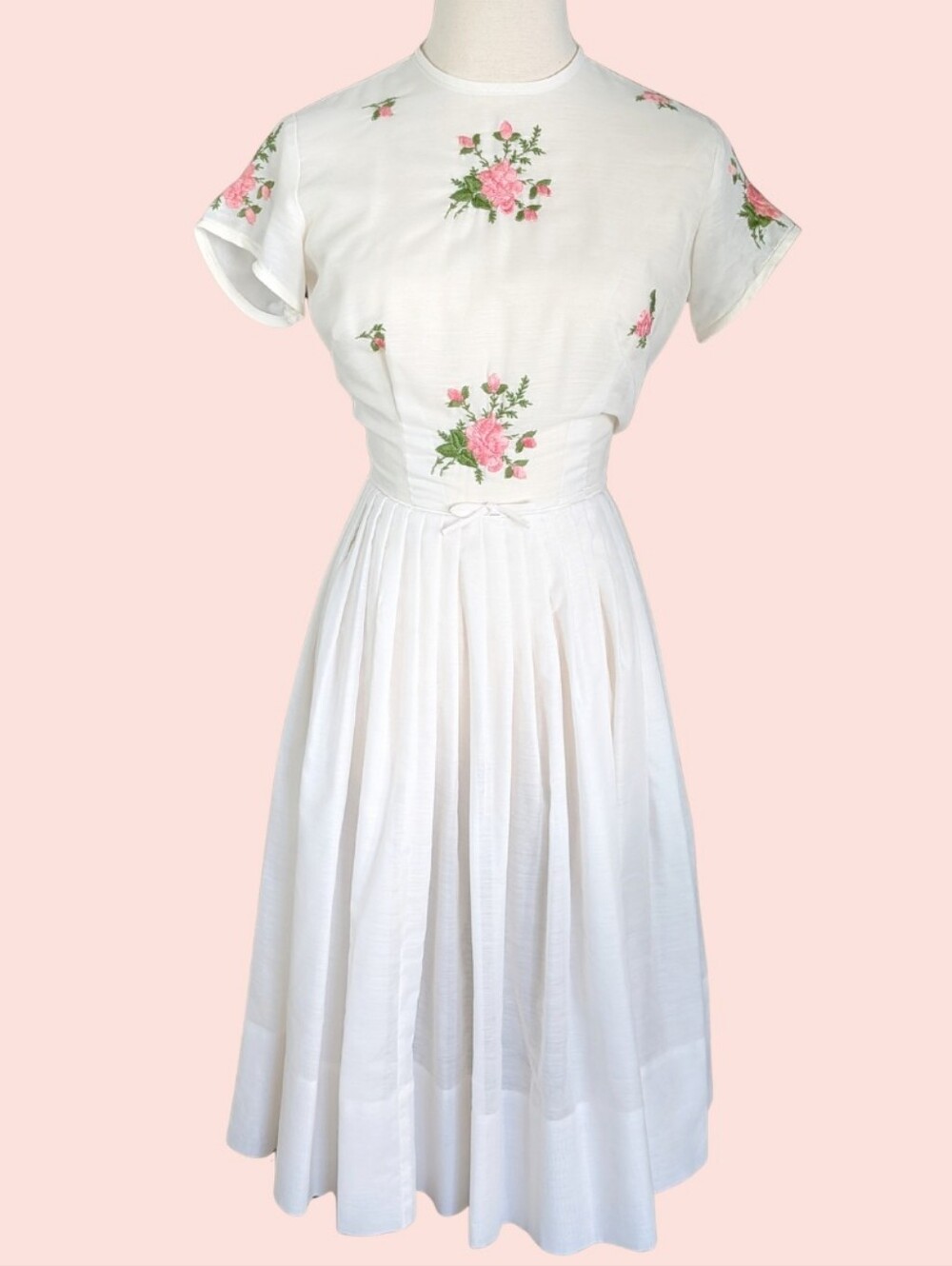 Vintage 1960s Mid Century Romantic White Midi Dress with Pink Floral Embroidery